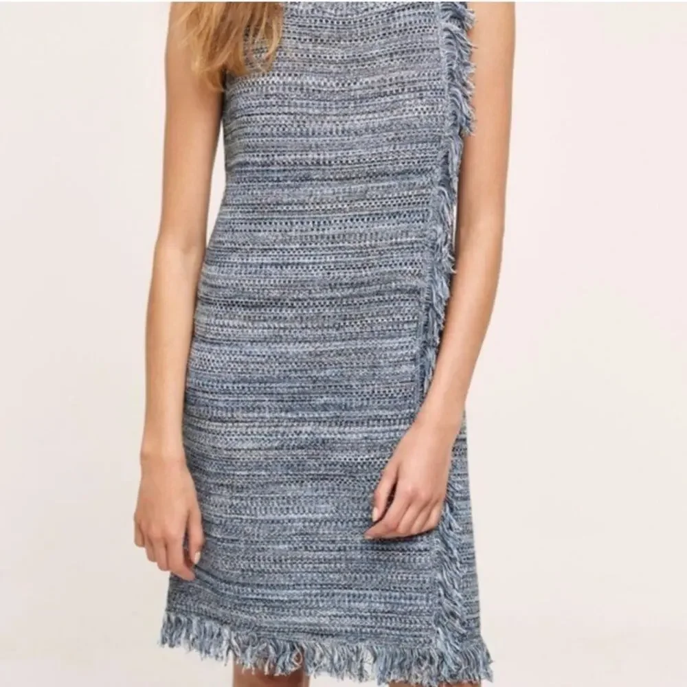 Anthro Holding Horses Fringe Sweater Dress Blue‎ Sleeveless Knit Size M